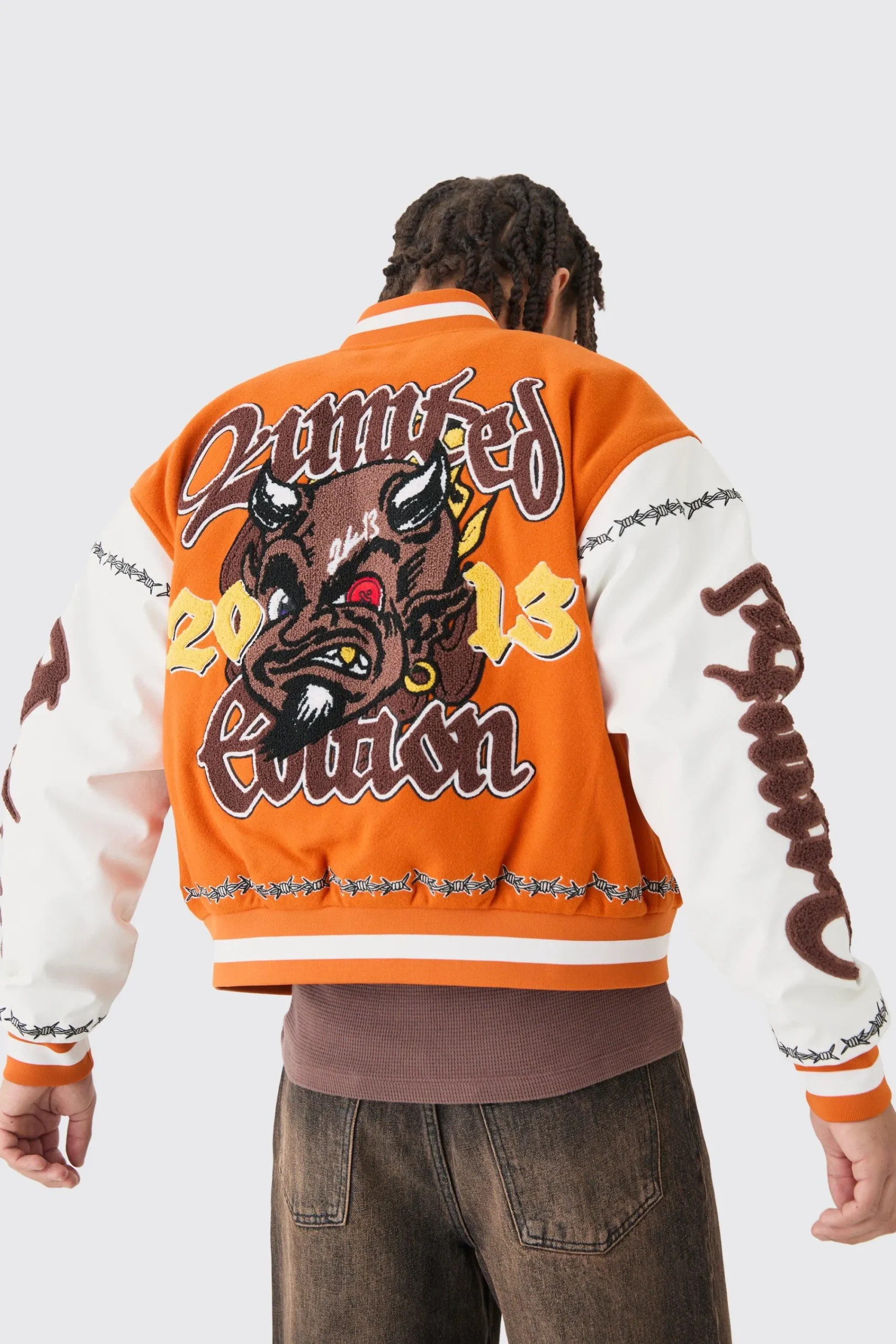 boohooMAN Boxy Limited Badge Pu Sleeve Varsity Jacket In | UK| Coats & Jackets