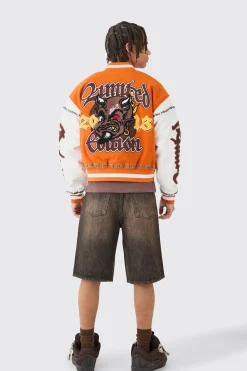 boohooMAN Boxy Limited Badge Pu Sleeve Varsity Jacket In | UK| Coats & Jackets