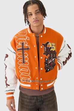 boohooMAN Boxy Limited Badge Pu Sleeve Varsity Jacket In | UK| Coats & Jackets