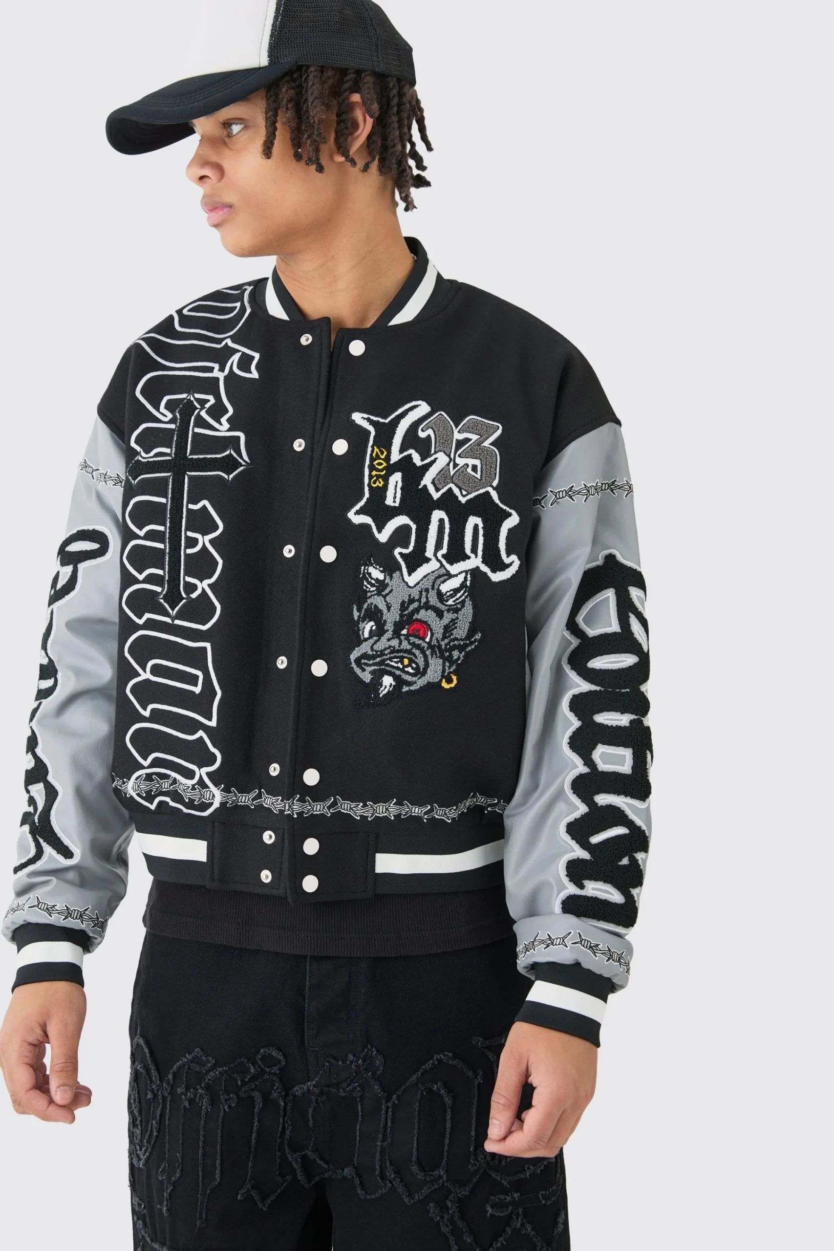 boohooMAN Boxy Limited Badge Pu Sleeve Varsity Jacket In | UK| Coats & Jackets