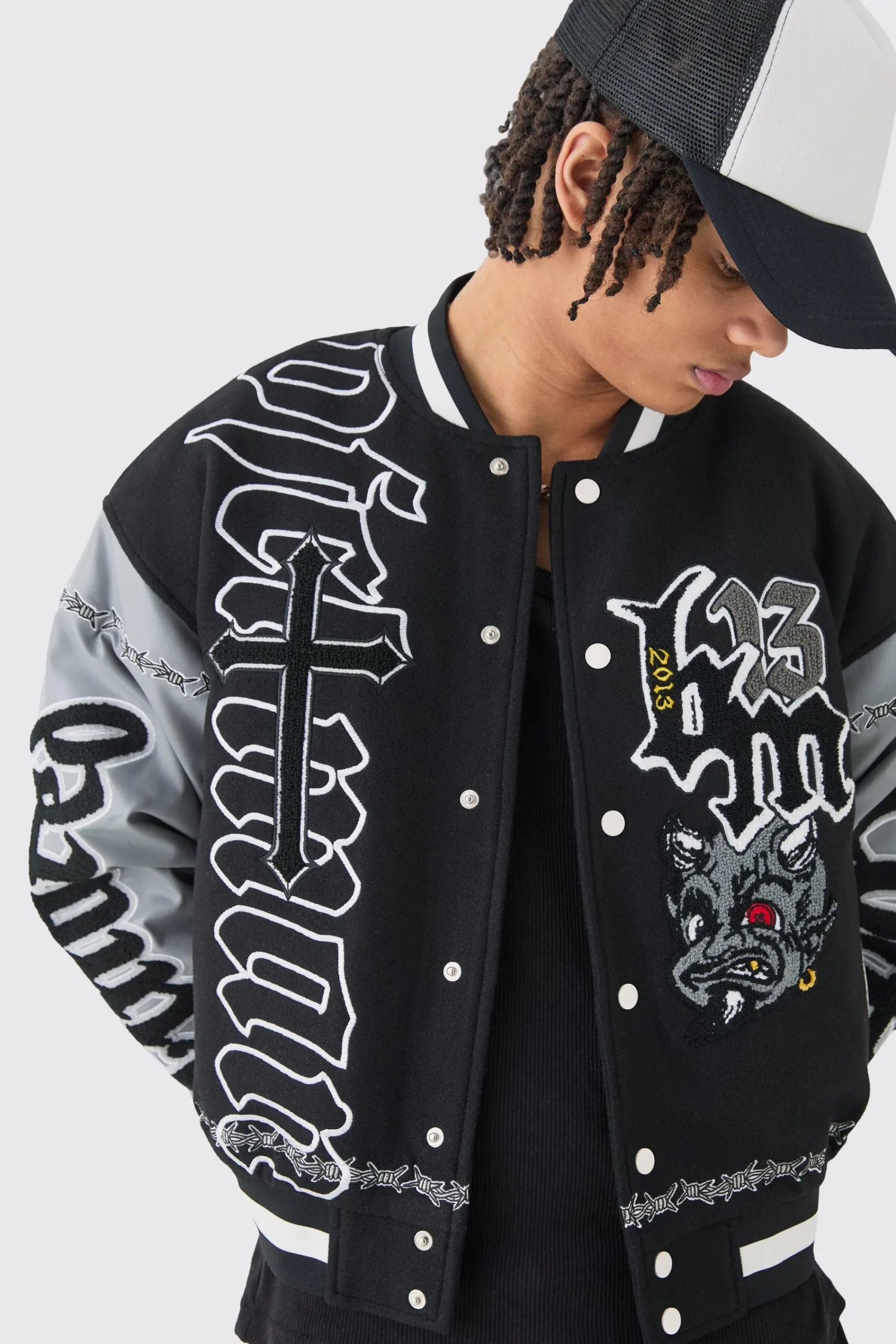 boohooMAN Boxy Limited Badge Pu Sleeve Varsity Jacket In | UK| Coats & Jackets