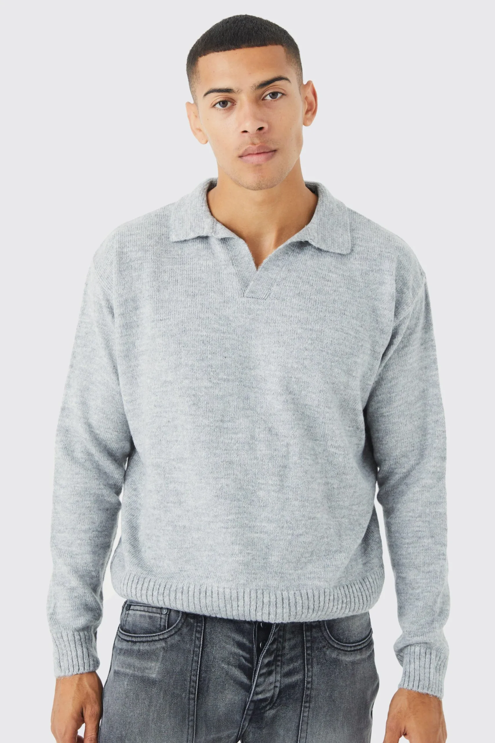Boxy Long Sleeve Knitted Revere Polo | UK^boohooMAN Sale