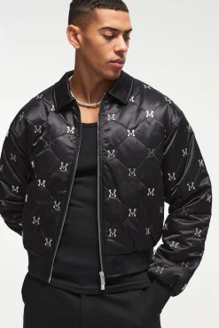 boohooMAN Boxy M Embellished Satin Bomber Jacket In | UK| Coats & Jackets