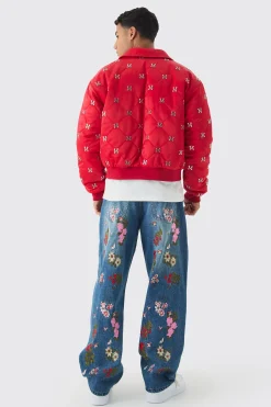 boohooMAN Boxy M Embellished Satin Bomber Jacket In | UK| Coats & Jackets