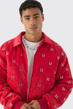 boohooMAN Boxy M Embellished Satin Bomber Jacket In | UK| Coats & Jackets