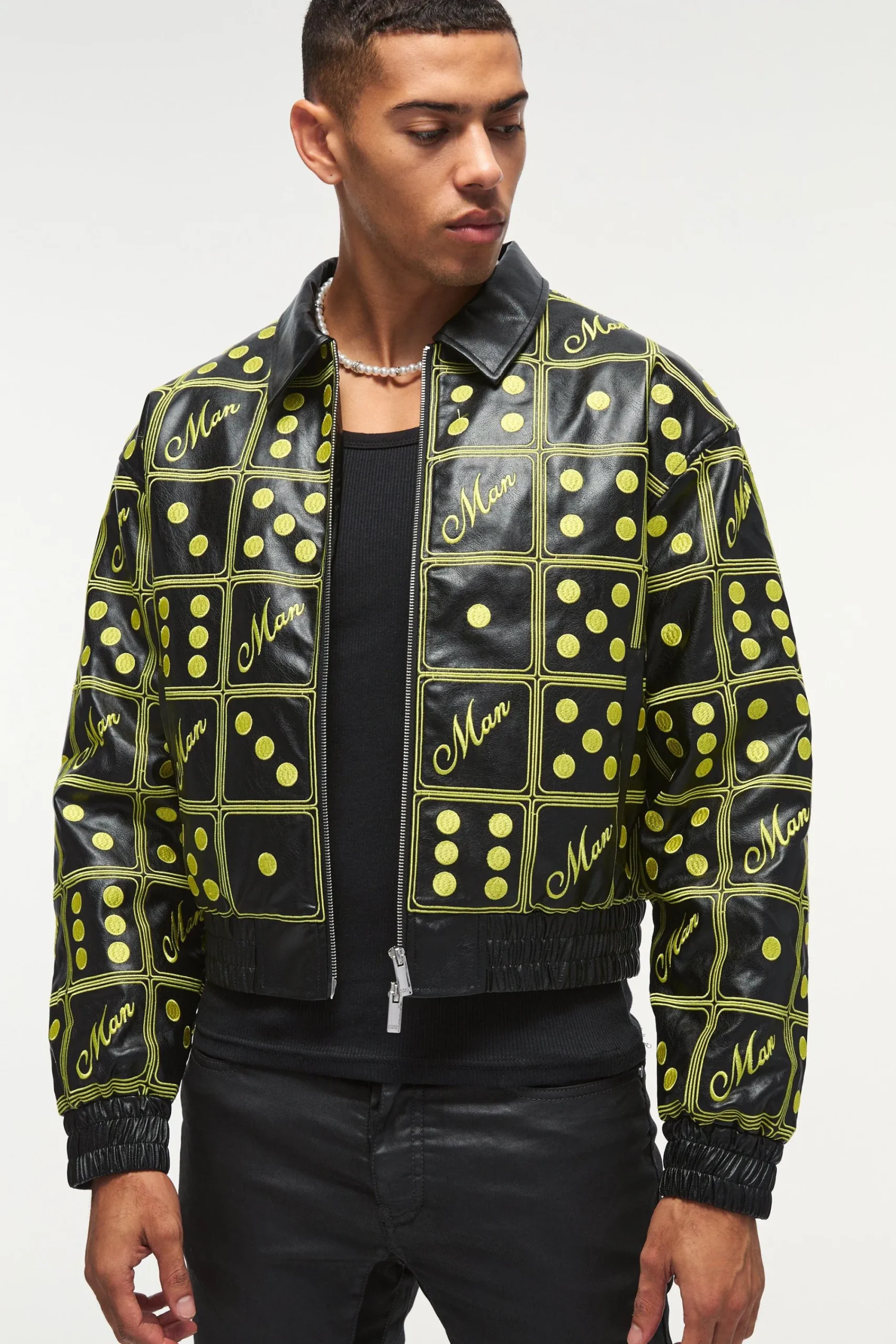 boohooMAN Boxy Man Dice Embroidered Pu Bomber Jacket In | UK| Coats & Jackets