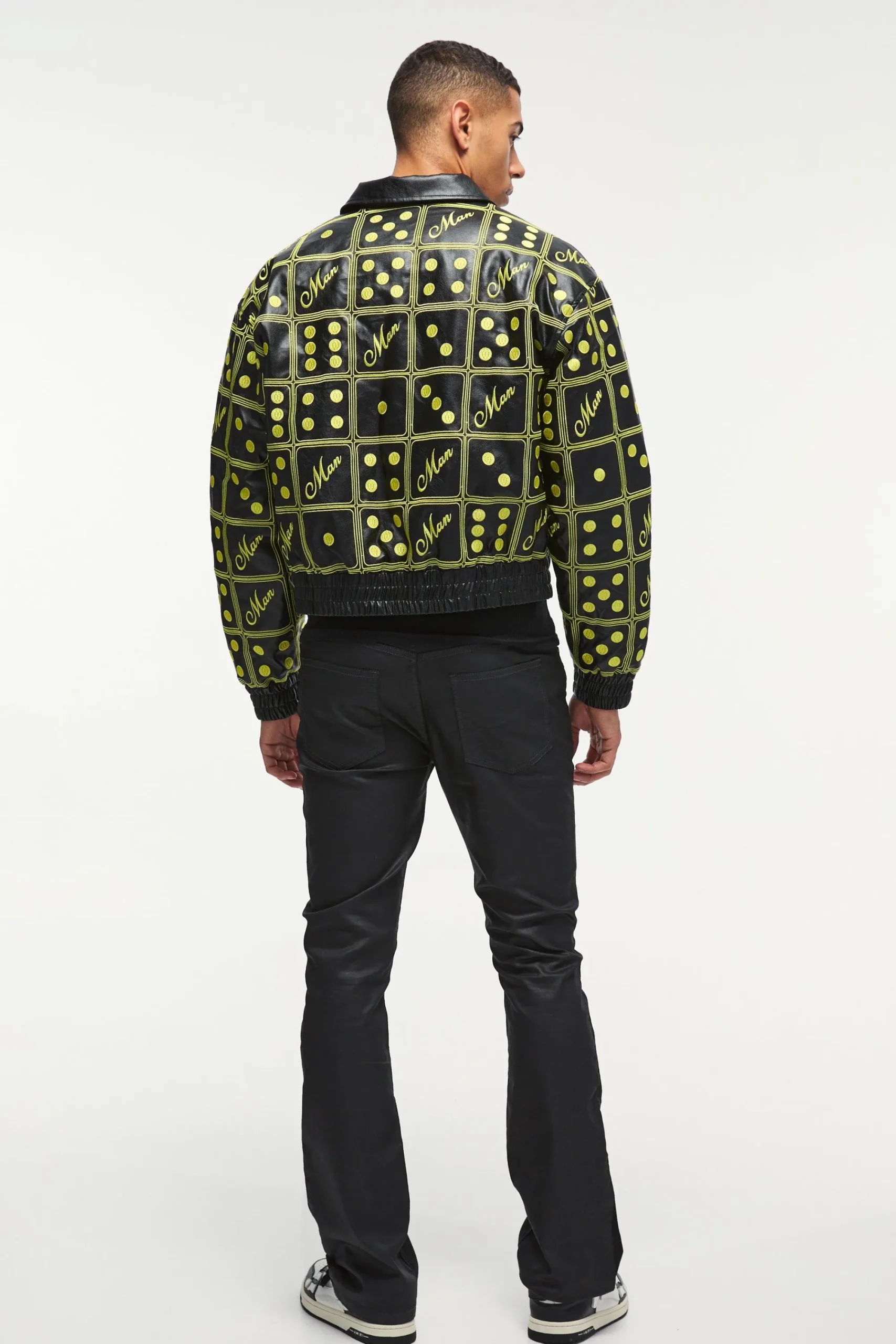 boohooMAN Boxy Man Dice Embroidered Pu Bomber Jacket In | UK| Coats & Jackets