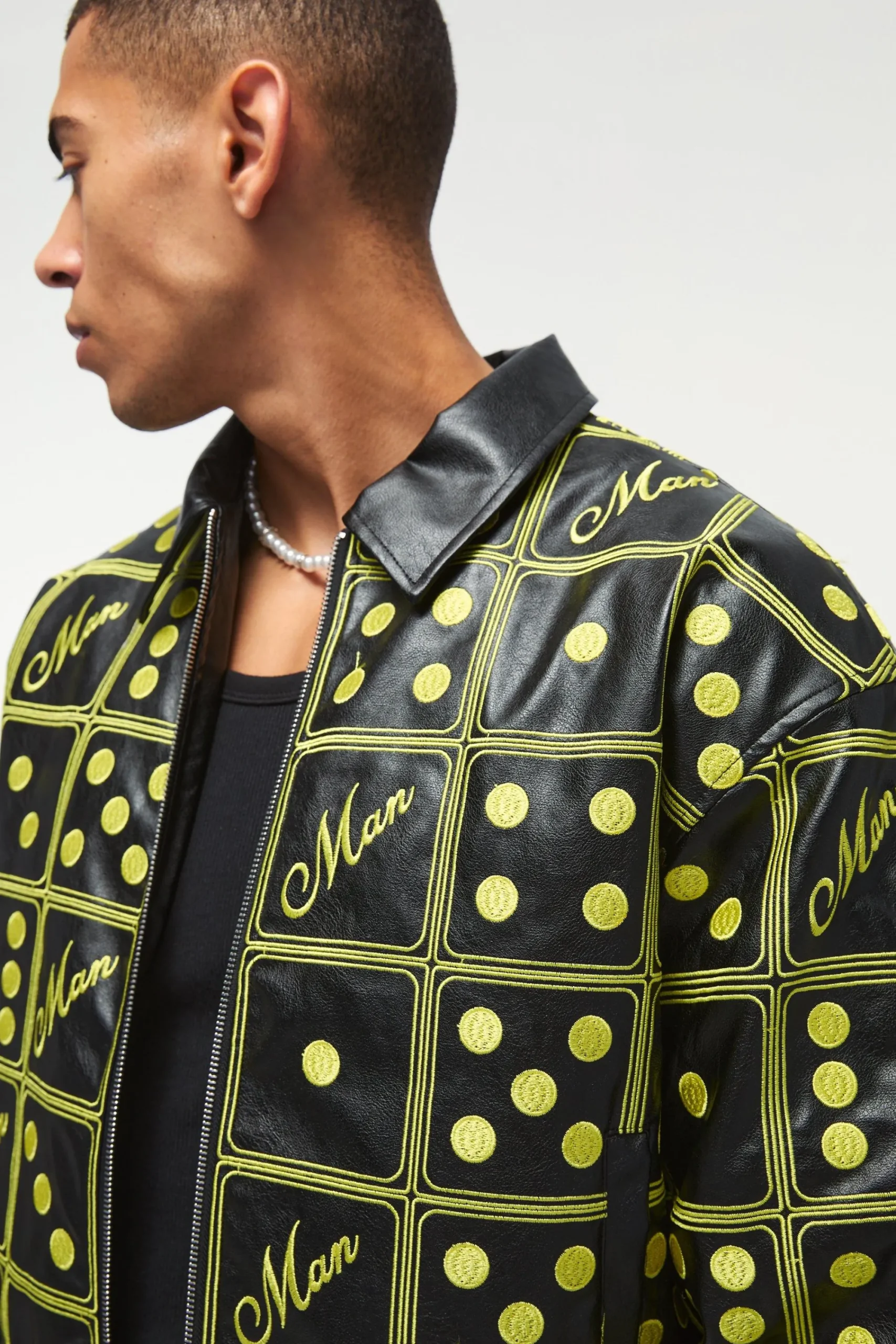 boohooMAN Boxy Man Dice Embroidered Pu Bomber Jacket In | UK| Coats & Jackets