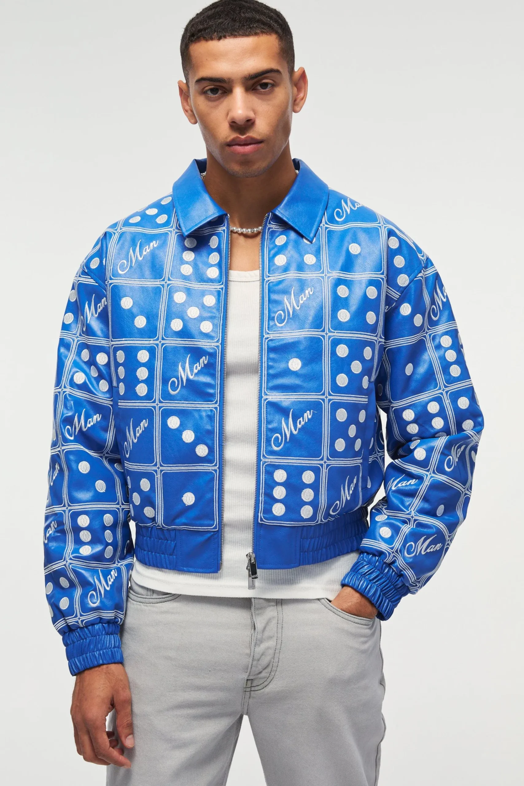 boohooMAN Boxy Man Dice Embroidered PU Bomber Jacket In | UK| Coats & Jackets