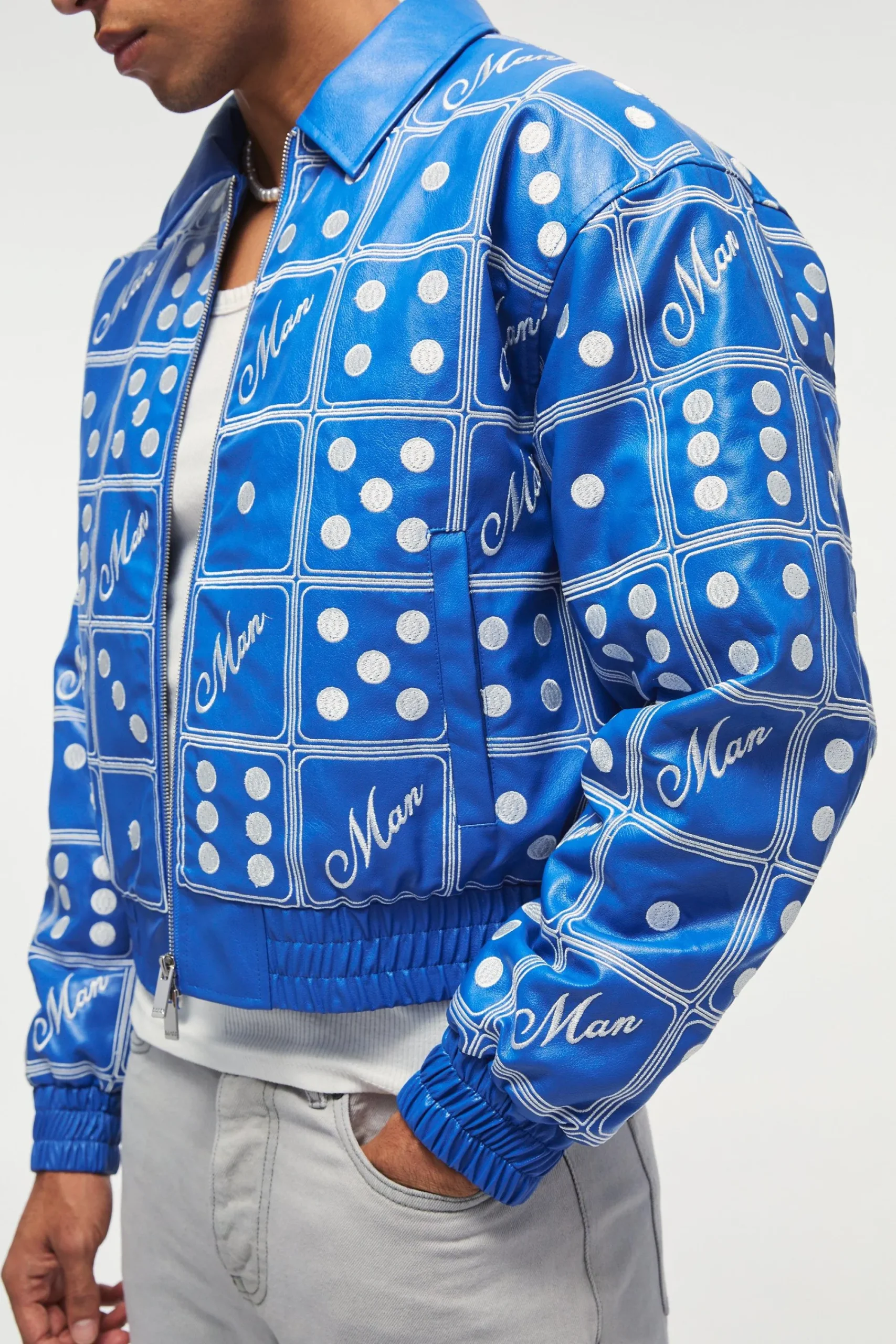 boohooMAN Boxy Man Dice Embroidered PU Bomber Jacket In | UK| Coats & Jackets