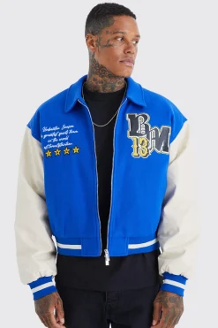 boohooMAN Boxy Melton & Pu Collared Varsity Jacket | UK| Coats & Jackets