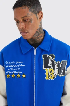 boohooMAN Boxy Melton & Pu Collared Varsity Jacket | UK| Coats & Jackets