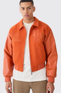 boohooMAN Boxy Melton & Pu Collared Varsity Jacket | UK| Coats & Jackets