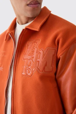 boohooMAN Boxy Melton & Pu Collared Varsity Jacket | UK| Coats & Jackets