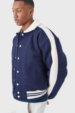 boohooMAN Boxy Melton Knitted Collar Harrington | UK| Coats & Jackets