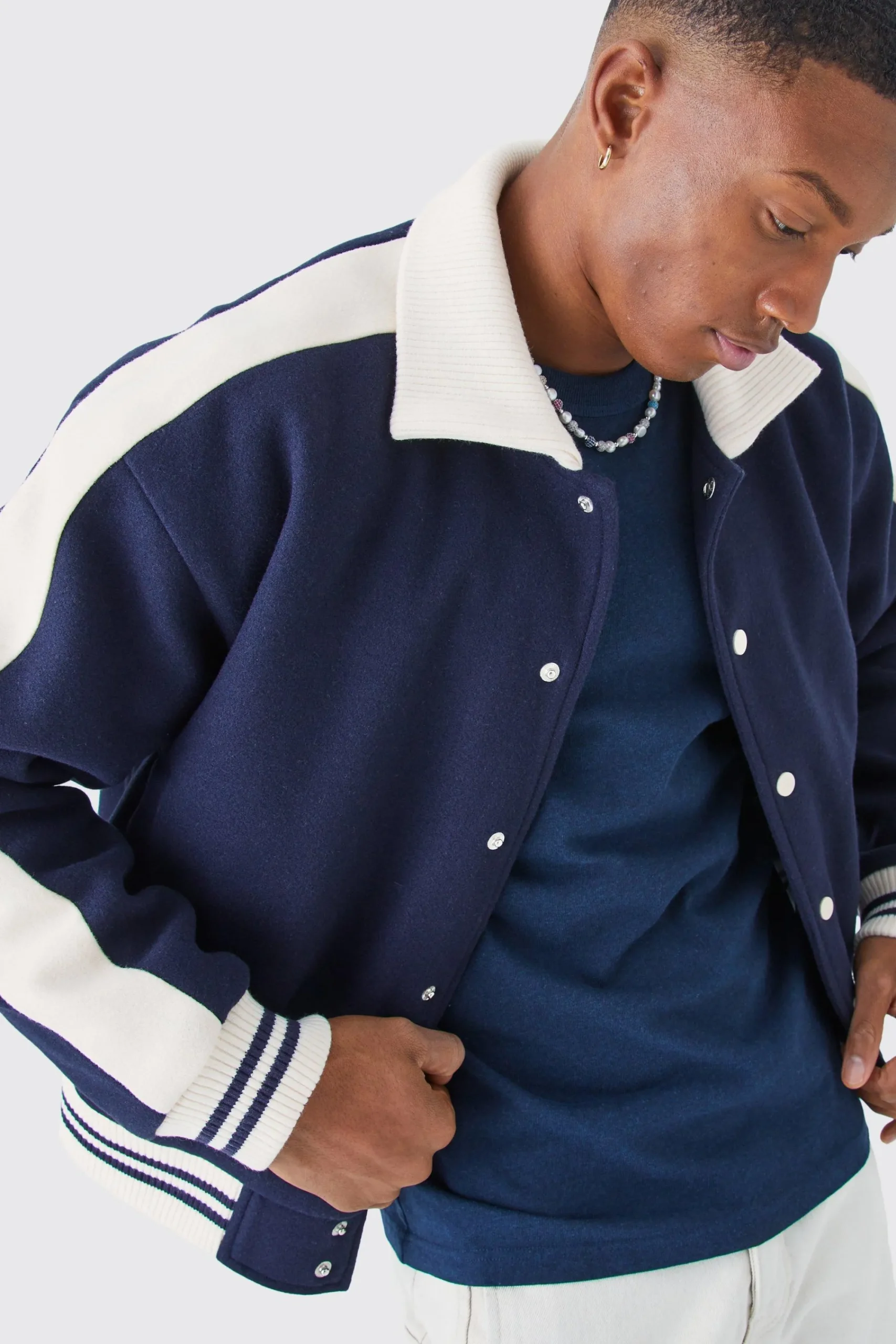 boohooMAN Boxy Melton Knitted Collar Harrington | UK| Coats & Jackets