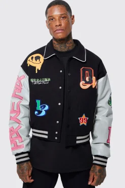 boohooMAN Boxy Melton Pu Varsity Badge Jacket | UK| Coats & Jackets