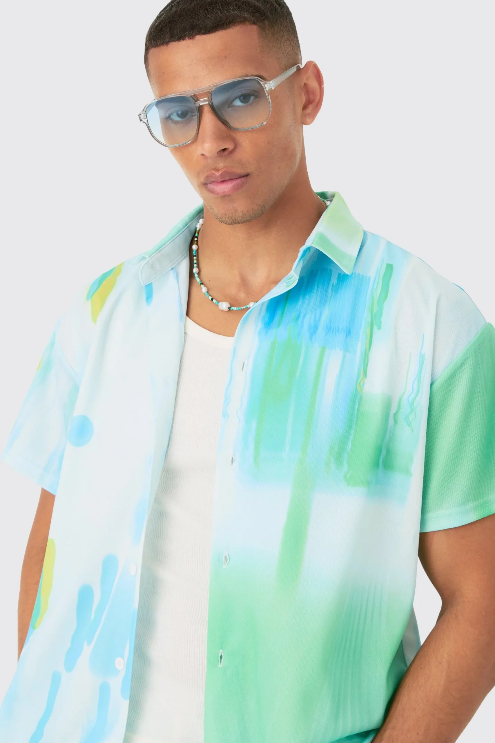 boohooMAN Boxy Mesh Glitch Shirt & Short Set | UK| Sets & Co-Ords