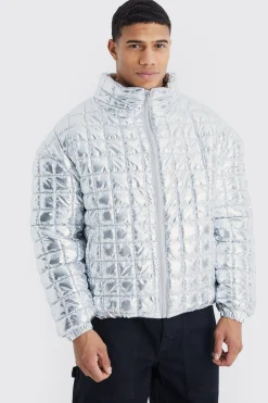 boohooMAN Boxy Metallic Funnel Neck Bubble Puffer | UK| Coats & Jackets