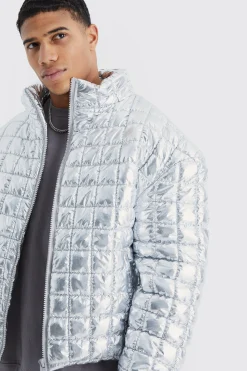 boohooMAN Boxy Metallic Funnel Neck Bubble Puffer | UK| Coats & Jackets