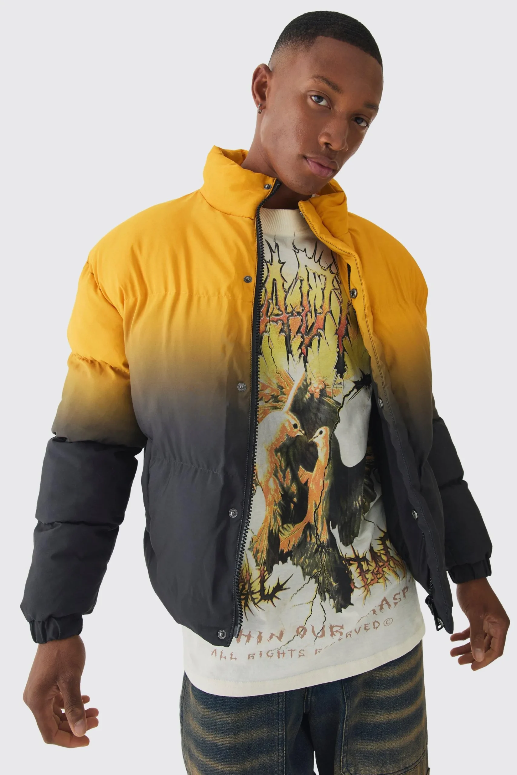 boohooMAN Boxy Ombre Funnel Neck Puffer Coat In | UK| Coats & Jackets