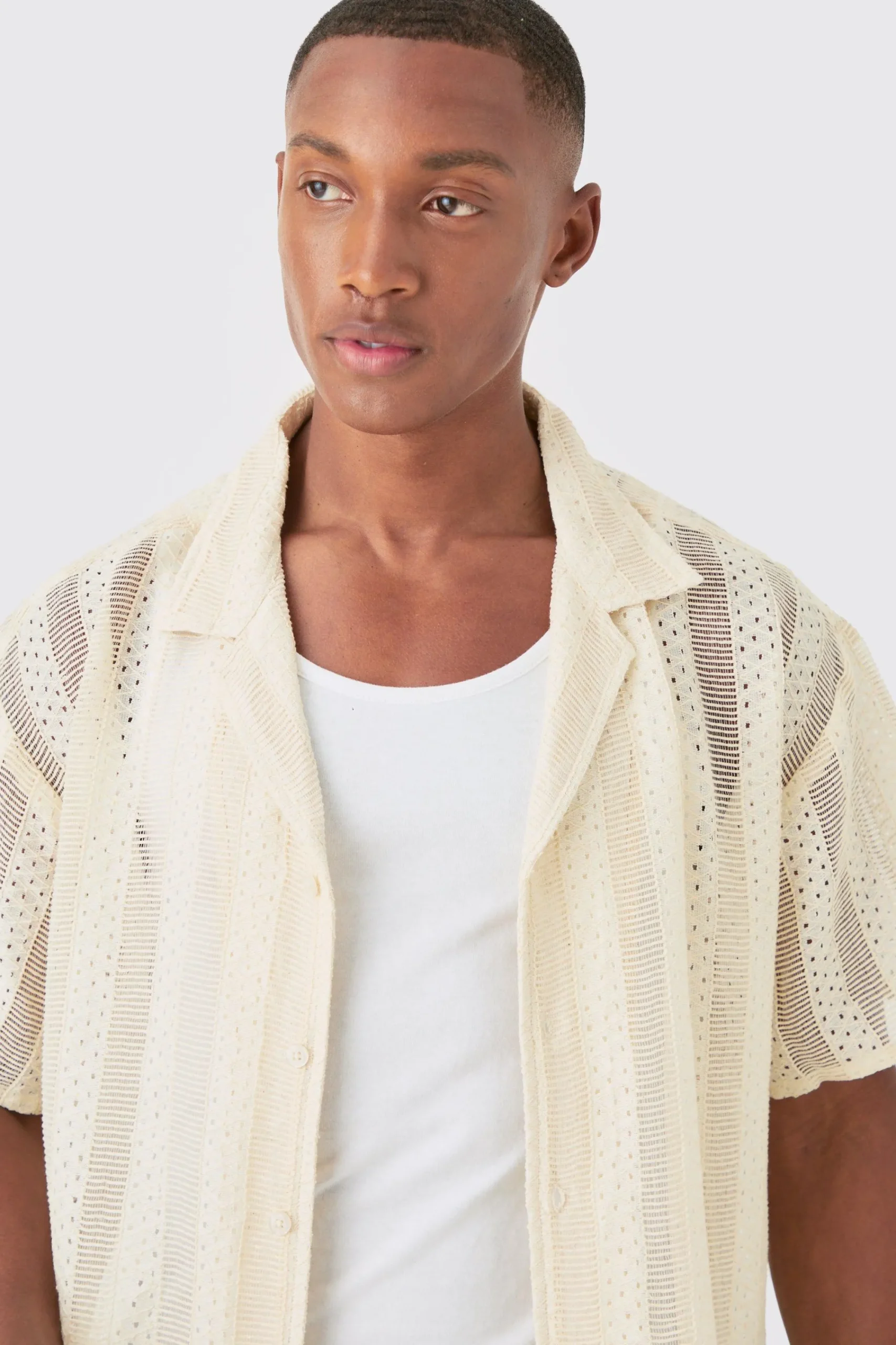 boohooMAN Boxy Open Lace Stripe Shirt | UK| Shirts