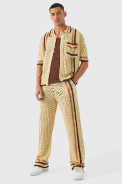 boohooMAN Boxy Open Stitch Polo Trouser Knitted Set | UK| Trousers|Sets & Co-Ords