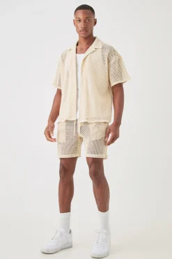 boohooMAN Boxy Open Stitch Shirt & Short Set | UK| Sets & Co-Ords