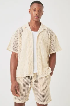 boohooMAN Boxy Open Stitch Shirt & Short Set | UK| Sets & Co-Ords