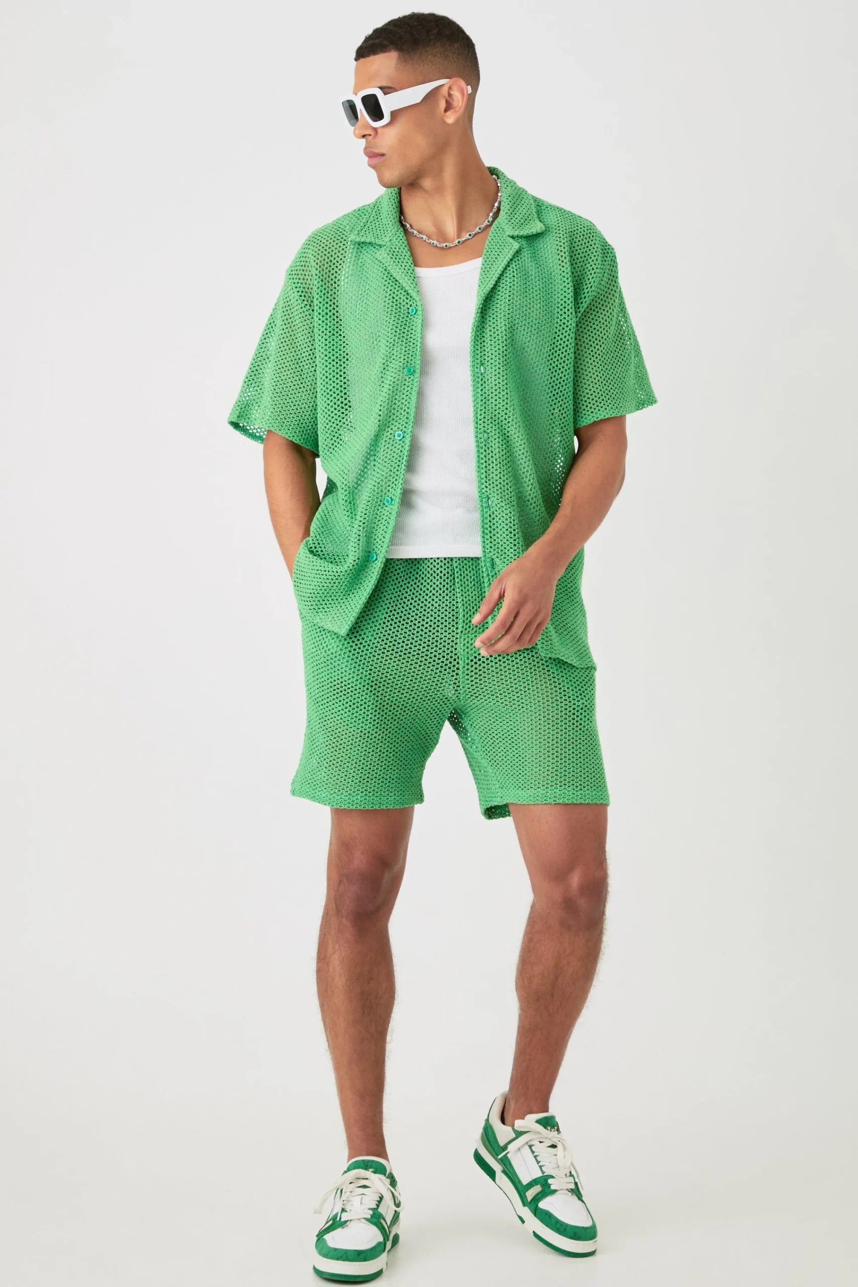 boohooMAN Boxy Open Stitch Shirt & Short Set | UK| Sets & Co-Ords