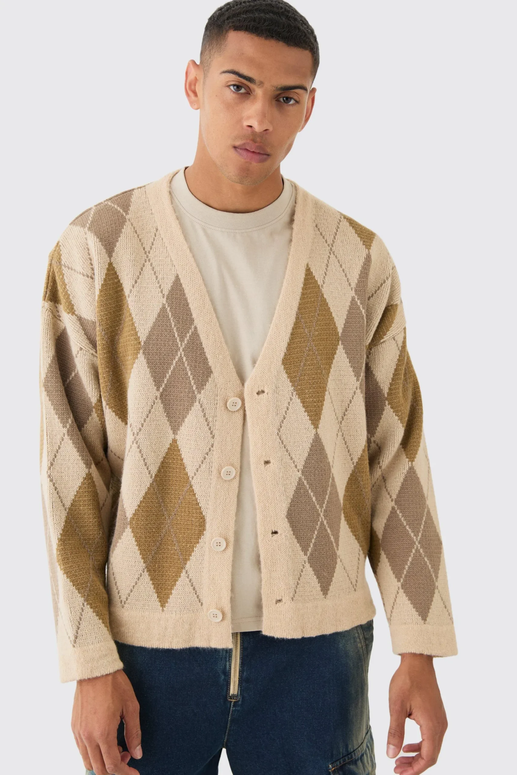 boohooMAN Boxy Oversized Brushed Check All Over Cardigan | UK| Knitwear