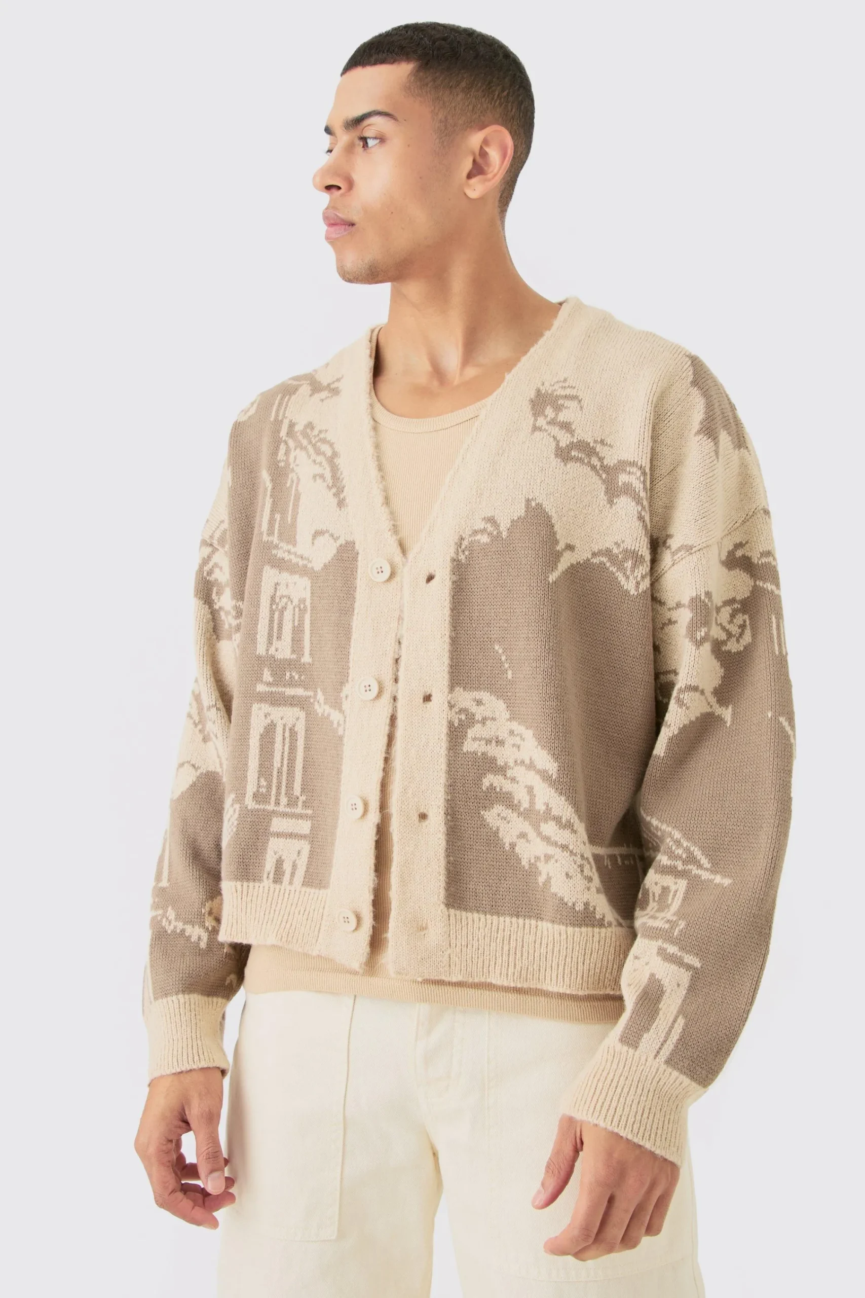 boohooMAN Boxy Oversized Brushed Tonal Scenic Cardigan | UK| Knitwear