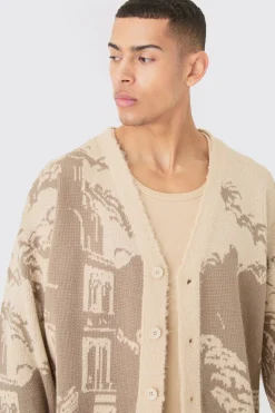 boohooMAN Boxy Oversized Brushed Tonal Scenic Cardigan | UK| Knitwear