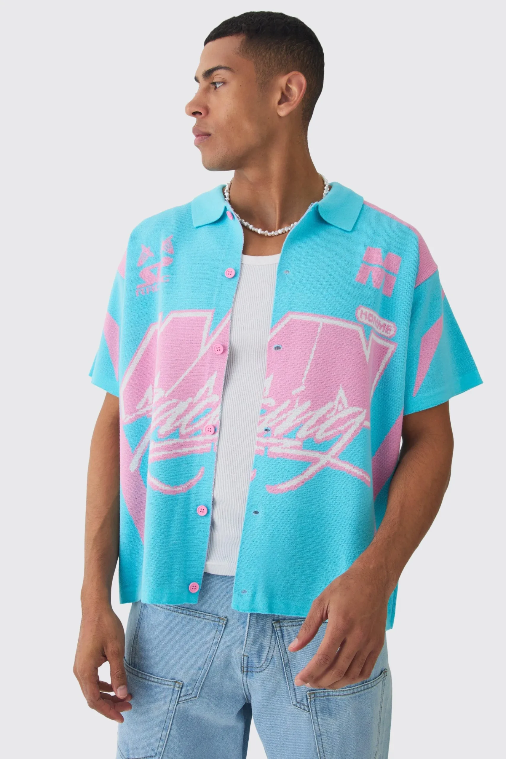 boohooMAN Boxy Oversized Moto Racing Knitted Shirt | UK| Shirts