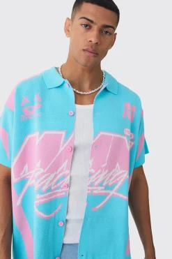 boohooMAN Boxy Oversized Moto Racing Knitted Shirt | UK| Shirts
