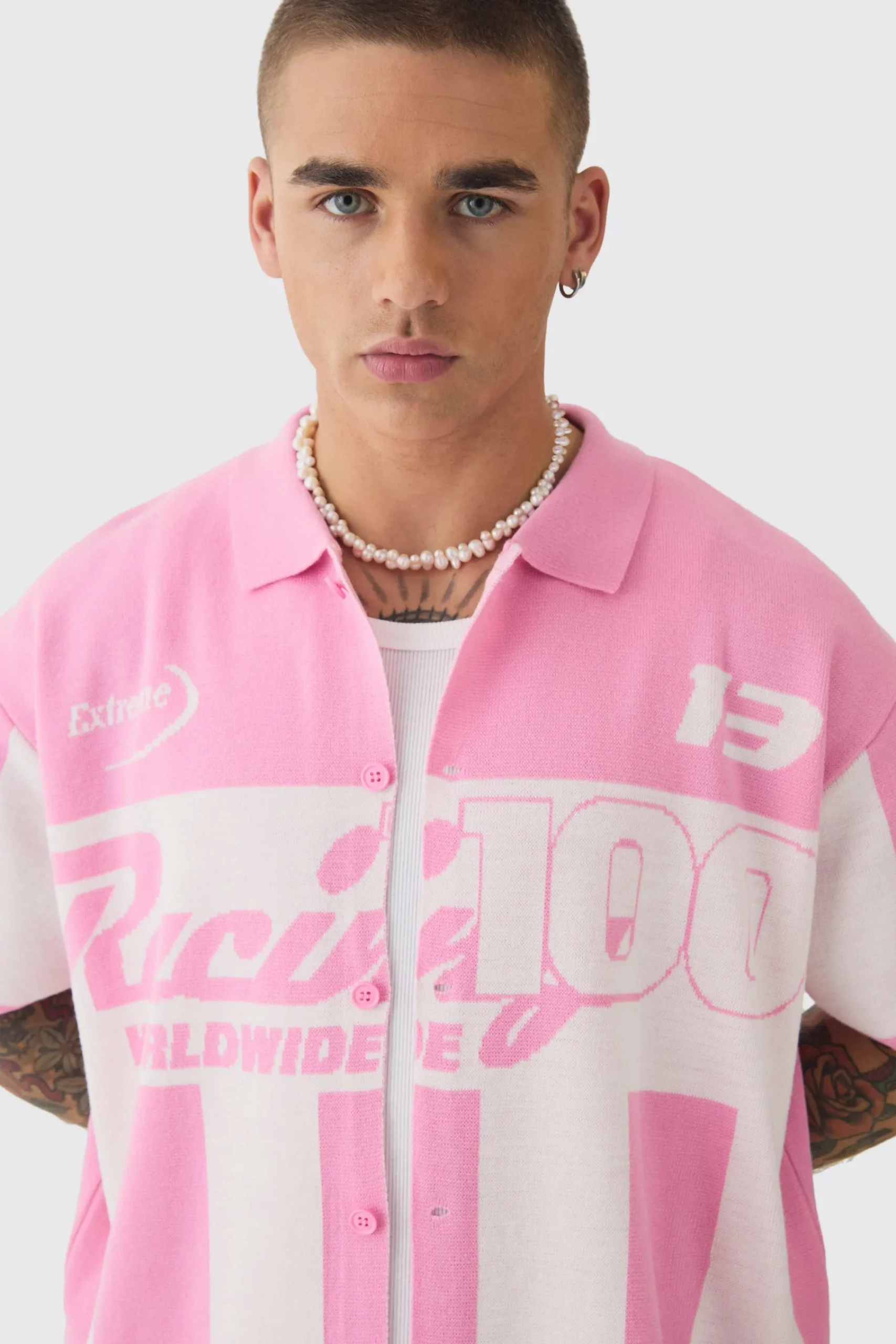 boohooMAN Boxy Oversized Moto Racing Stripe Knitted Shirt | UK| Shirts