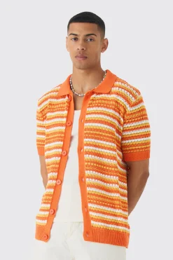 boohooMAN Boxy Oversized Open Stitch Stripe Knit Polo | UK| Tracksuits