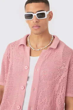 boohooMAN Boxy Oversized Open Stitch Tonal Floral Intarsia Short Sleeve Knit Shirt | UK| Shirts