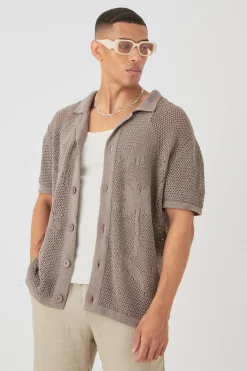 boohooMAN Boxy Oversized Open Stitch Tonal Palm Intarsia Short Sleeve Knit Shirt | UK| Shirts