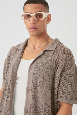 boohooMAN Boxy Oversized Open Stitch Tonal Palm Intarsia Short Sleeve Knit Shirt | UK| Shirts