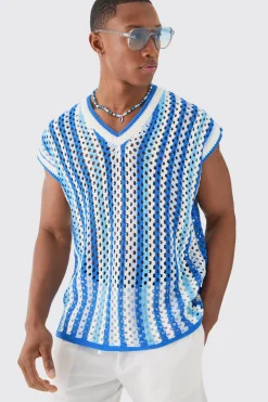 Boxy Oversized Open Stitch V Neck Stripe Sweater Vest | UK^boohooMAN Sale