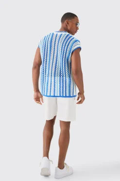 Boxy Oversized Open Stitch V Neck Stripe Sweater Vest | UK^boohooMAN Sale