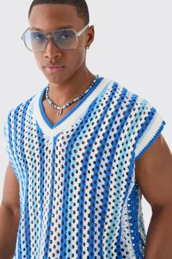Boxy Oversized Open Stitch V Neck Stripe Sweater Vest | UK^boohooMAN Sale