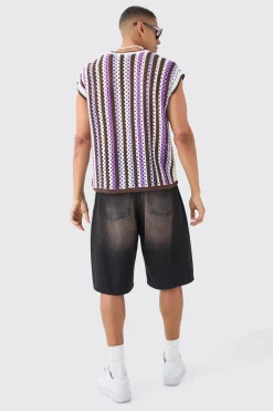 boohooMAN Boxy Oversized Open Stitch V Neck Stripe Sweater Vest | UK| Knitwear