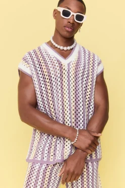 boohooMAN Boxy Oversized Open Stitch V Neck Strip Sweater Vest | UK| Tracksuits
