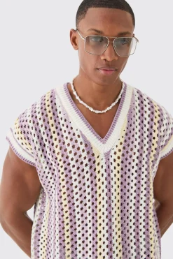 boohooMAN Boxy Oversized Open Stitch V Neck Strip Sweater Vest | UK| Tracksuits