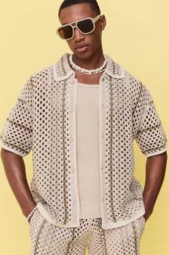 boohooMAN Boxy Oversized Open Stitch Stripe Knit Shirt | UK| Shirts