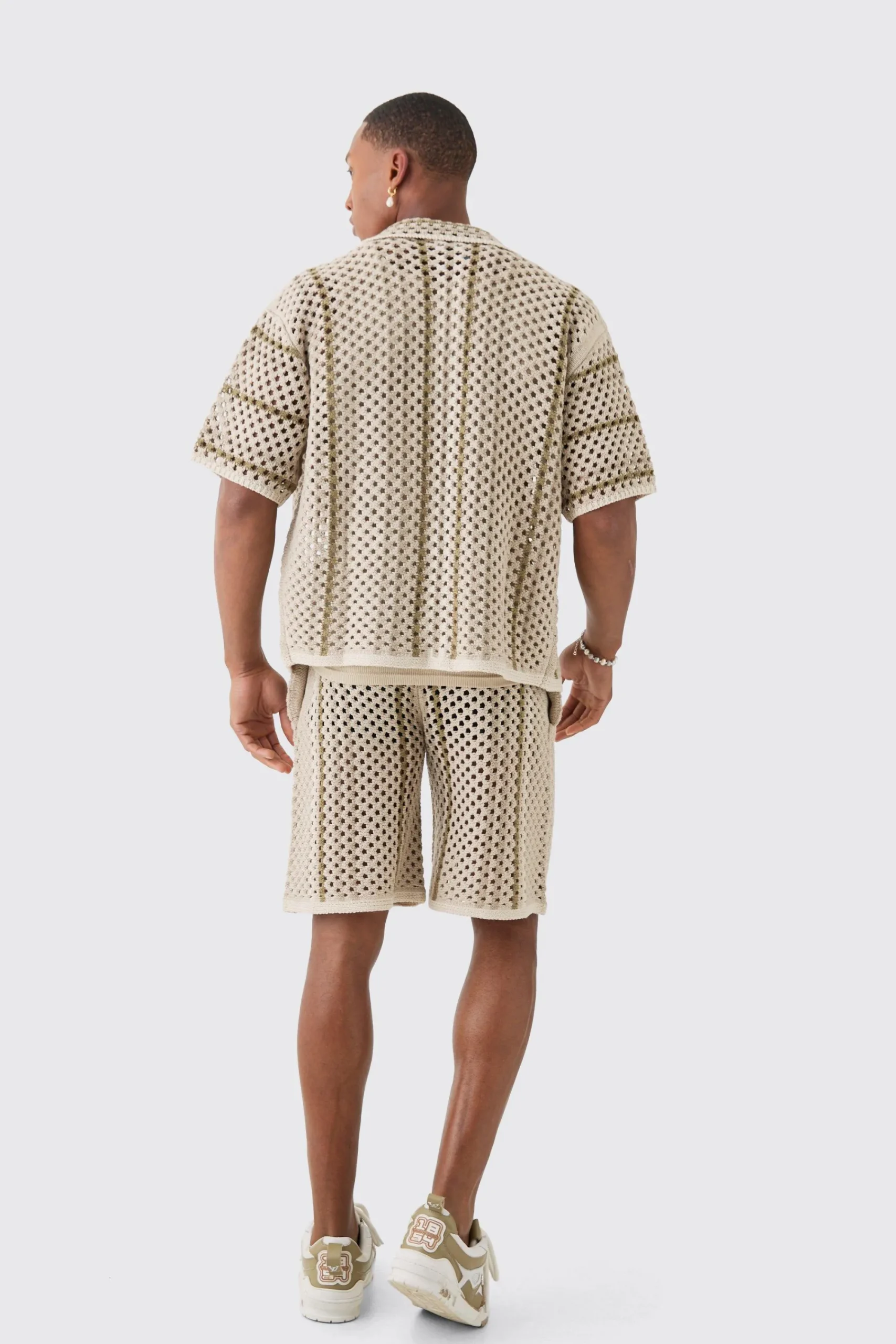 boohooMAN Boxy Oversized Open Stitch Stripe Knit Shirt | UK| Shirts