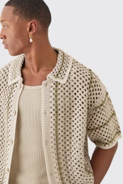 boohooMAN Boxy Oversized Open Stitch Stripe Knit Shirt | UK| Shirts