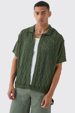 boohooMAN Boxy Oversized Patterned Open Stitch Knitted Shirt | UK| Shirts